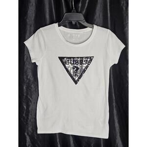 GUESS Los Angeles Sequin Logo Triangle White Tee Y2K-Inspired Glam Size M D/48